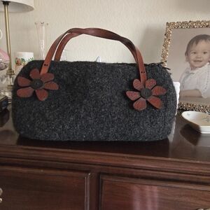 Handmade Felted Purse With Tooled Leather Flowers And Leather Straps
